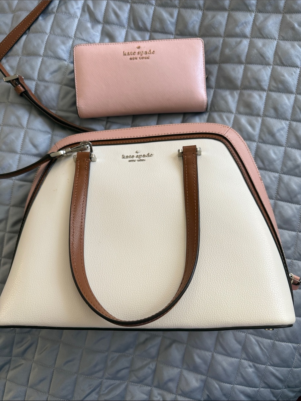 kate spade Cream, Pink & Tan Leather Satchel with Brown Straps